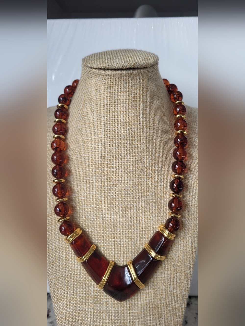 Vintage Napier Amber Look Lucite  Beads Necklace with Gold Accents